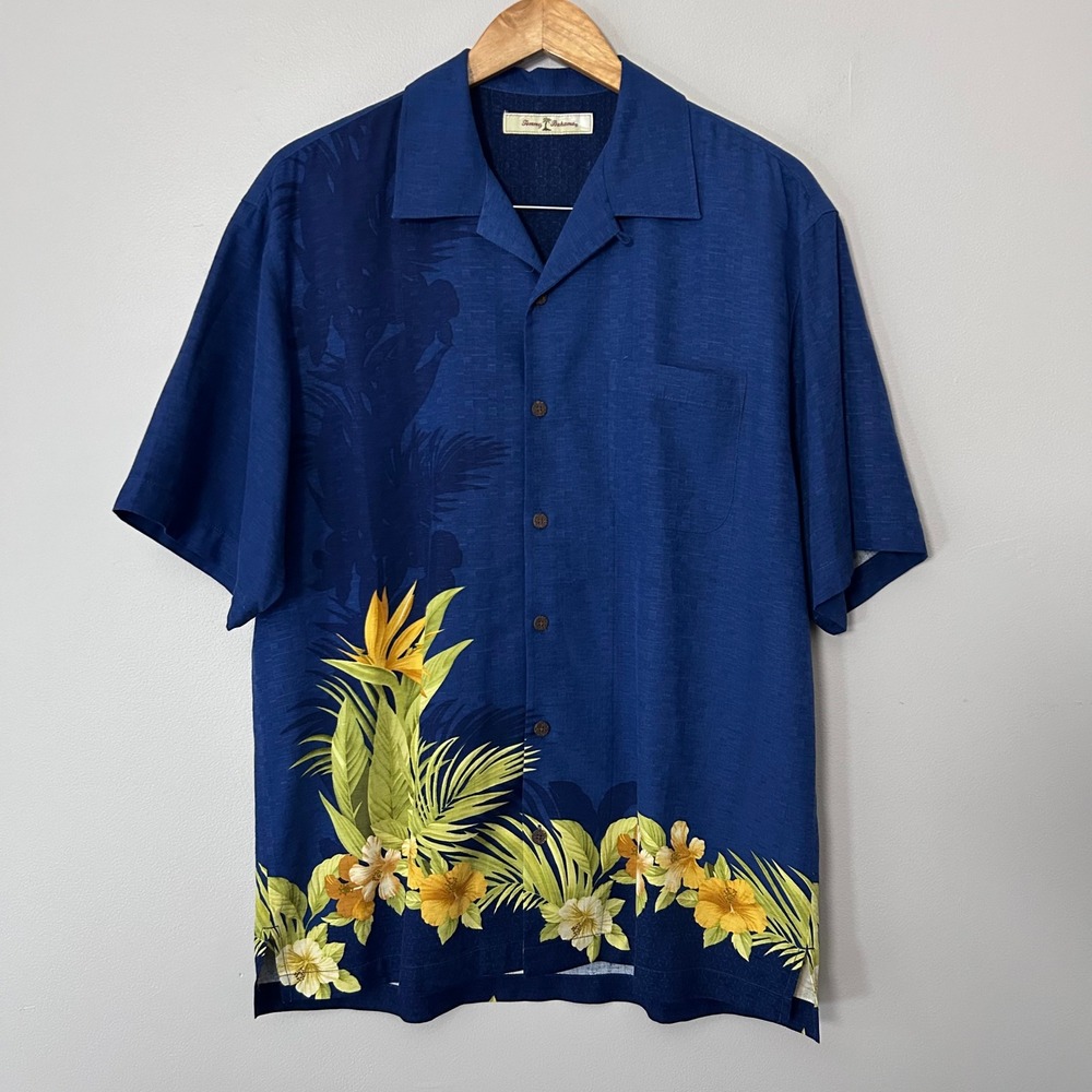 Tommy Bahama Silk Shirt Mens M Blue Tropical Floral Palm Hawaiian Camp Aloha